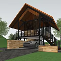 Modern Homestay Building With Wooden Roof Glass Walls Car Parking Amid Green Hills Trees