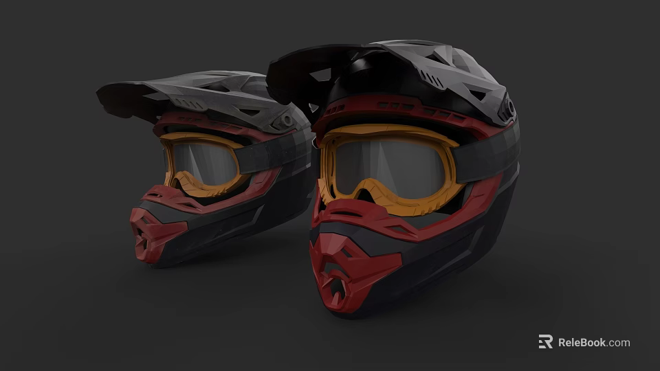 Two Modern Motorcycle Helmets With Protective Design And Tinted Goggles 3d model 