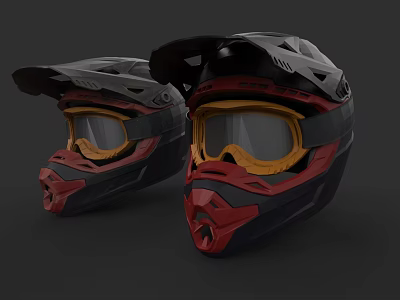 Two Modern Motorcycle Helmets With Protective Design And Tinted Goggles 3d model