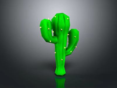 Green Cactus with Multiple Arms and Sharp Yellow Thorns Against Gray Background with Bottom Reflection 3d model
