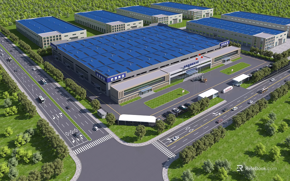 Modern Industrial Factory Complex With Blue Roofs Surrounding Greenery Roads And Logistics Trucks 3d model 