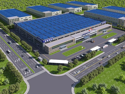 Modern Industrial Factory Complex With Blue Roofs Surrounding Greenery Roads And Logistics Trucks 3d model