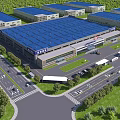 Modern Industrial Factory Complex With Blue Roofs Surrounding Greenery Roads And Logistics Trucks