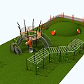 Outdoor Playground Equipment With Green Lawn Climbing Frames Slide And Orange Elements 3d model