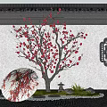 Red Blossom Arbor With White Wall Black Carved Windows Circular Fan Decoration And Pebble Ground