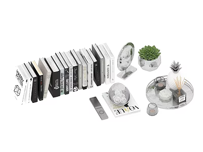 Modern Decorative Ornament Set with Stacked Books Round Mirror and Green Plants 3d model