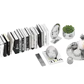 Modern Decorative Ornament Set with Stacked Books Round Mirror and Green Plants