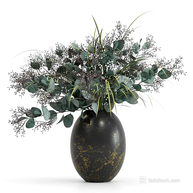 Dark Vase With Golden Patterns And Eucalyptus Arrangement 3d model