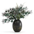 Dark Vase With Golden Patterns And Eucalyptus Arrangement 3d model
