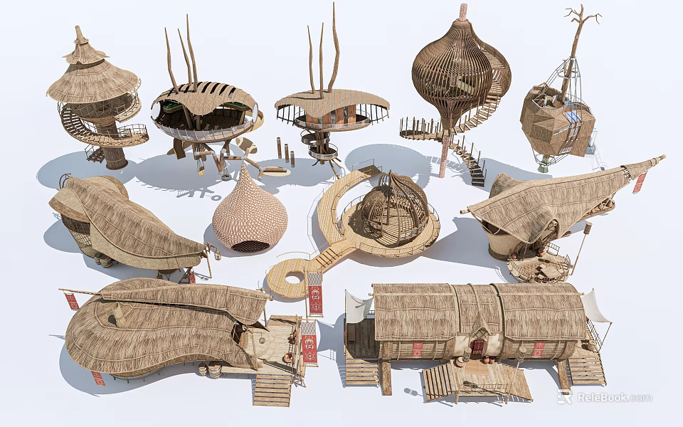 Various Creative Thatched Wooden Architectural Models Featuring Unique Shapes And Structures 3d model 