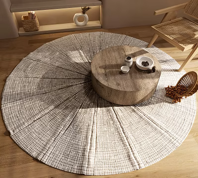 Neutral Woven Round Rug in Living Room with Wooden Coffee Table and Rattan Chair 3d model