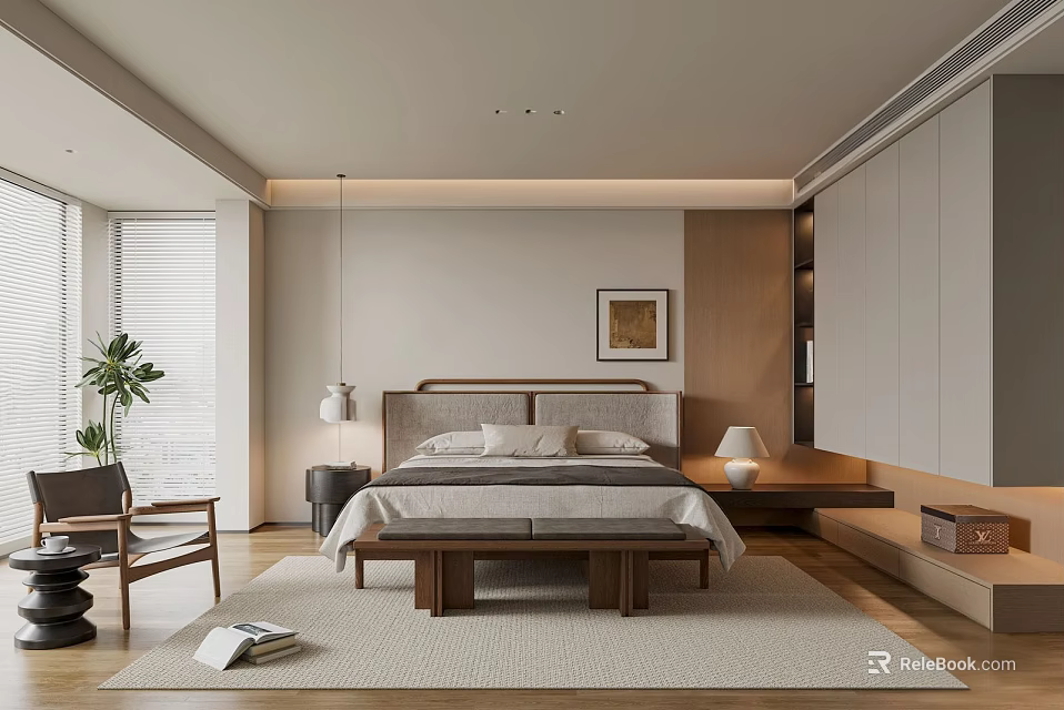 Modern Bedroom Interior With Wooden Bed Light Gray Cabinet And Potted Plant 3d model 