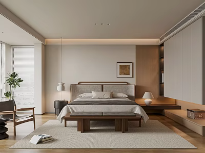Modern Bedroom Interior With Wooden Bed Light Gray Cabinet And Potted Plant 3d model