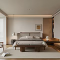 Modern Bedroom Interior With Wooden Bed Light Gray Cabinet And Potted Plant