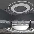 Futuristic Interior With Black Walls Circular White Ceiling Console Mannequins And Floor Logo