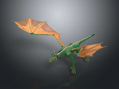 Green Mythical Dragon With Orange Wings And Scaled Body 3d model