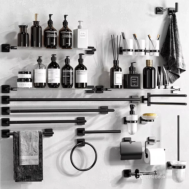 Modern Black Bathroom Accessories with Wall Mounted Shelves Bottles Towel Bars and Holder 3d model 