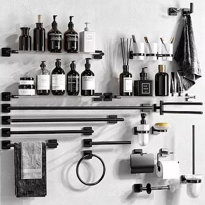 Modern Black Bathroom Accessories with Wall Mounted Shelves Bottles Towel Bars and Holder 3d model