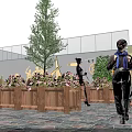 Garden Landscape With Wooden Planters Pink Flowers Trees Stone Pavement And People Walking