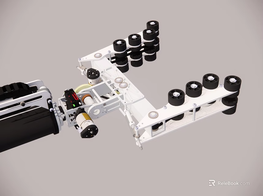 Mechanical Arm With White Structure Black Rollers Multiple Wheels And Metal Motor Components 3d model