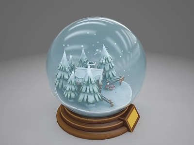 Decorative Snow Globe Ornament Set With Snow Covered Pine Trees Small House And Wooden Base 3d model