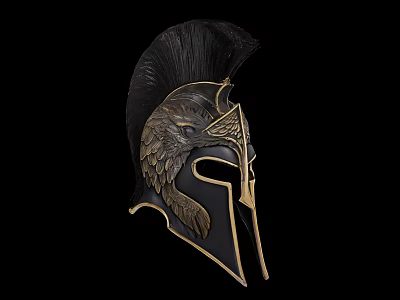 Ancient Greek Roman Style Helmet With Eagle Head Decoration Black Feather And Golden Accents 3d model