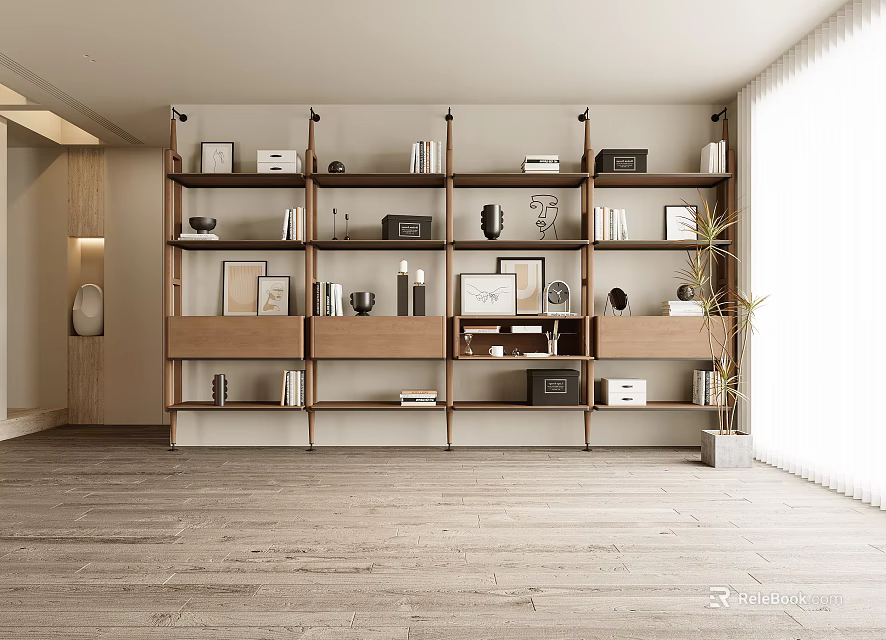 White And Wooden Modern Bookshelf With Shelves Books Decorations Photo Frames Plant And Natural Light 3d model 