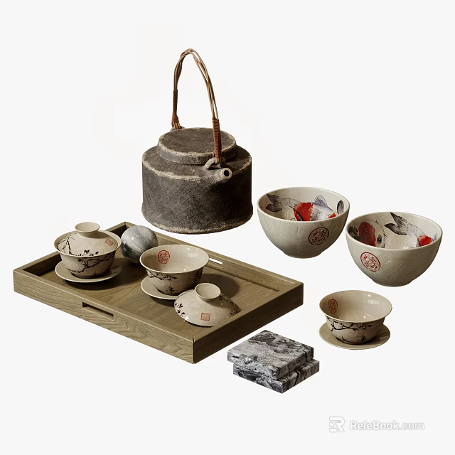 Traditional Chinese Ceramic Tea Set With Wooden Tray Teacups And Red Patterned Bowls 3d model 