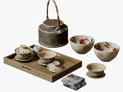 Traditional Chinese Ceramic Tea Set With Wooden Tray Teacups And Red Patterned Bowls 3d model