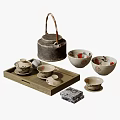 Traditional Chinese Ceramic Tea Set With Wooden Tray Teacups And Red Patterned Bowls