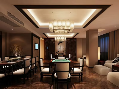 Hotel Mahjong Room Interior With Mahjong Table Chairs Chandeliers And Elegant Decor 3d model