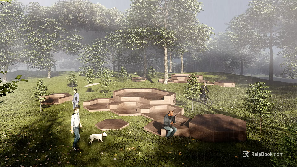 Outdoor Geometric Landscape Seats In Wooded Park With Grass Trees And People Relaxing 3d model 