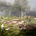 Outdoor Geometric Landscape Seats In Wooded Park With Grass Trees And People Relaxing