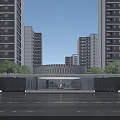 Modern Entrance Gate Design With High Rise Buildings Surrounding Trees And Lighting