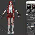 Red Haired Female Game Movie Character 3D Model Multiple Angle Views Plaid Skirt White Socks