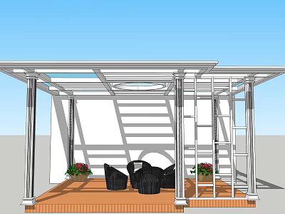 Modern Metal Frame Gazebo with Wooden Floor Black Chairs and Flower Pots 3d model