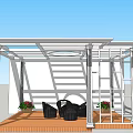 Modern Metal Frame Gazebo with Wooden Floor Black Chairs and Flower Pots