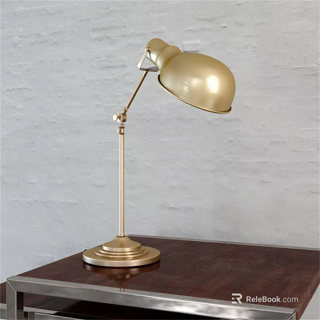 Brass Table Lamp With Adjustable Arm And Round Base On Dark Wooden Table Textured Wall 3d model 