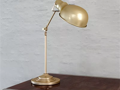 Brass Table Lamp With Adjustable Arm And Round Base On Dark Wooden Table Textured Wall 3d model