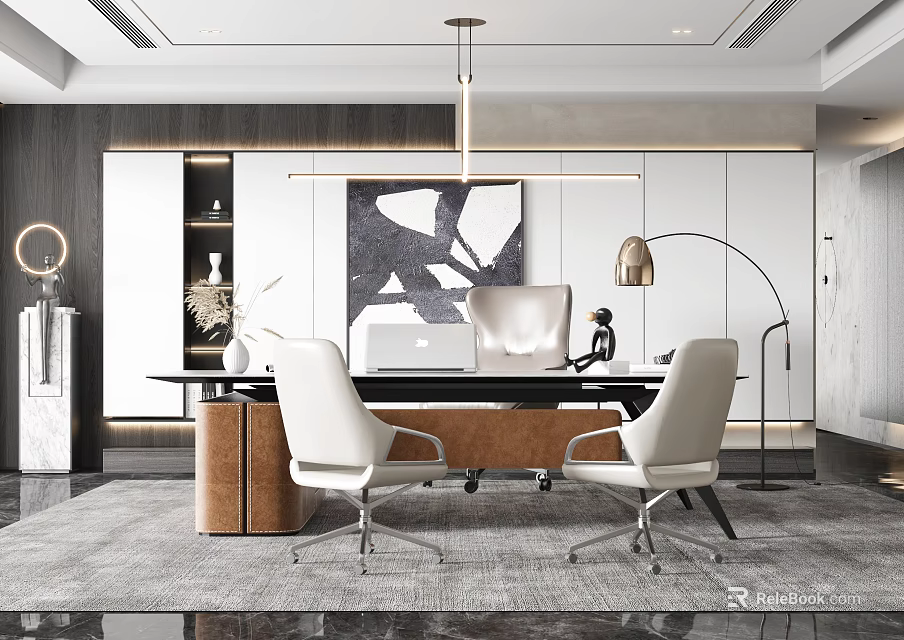Elegant Modern Office Interior With White Chairs Decorative Artwork And Pendant Light 3d model 