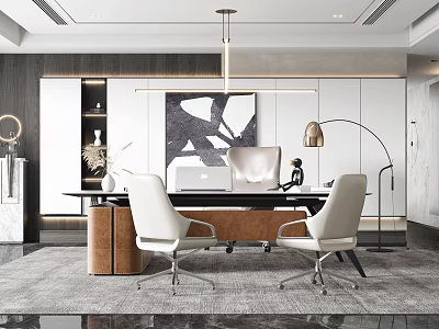 Elegant Modern Office Interior With White Chairs Decorative Artwork And Pendant Light 3d model