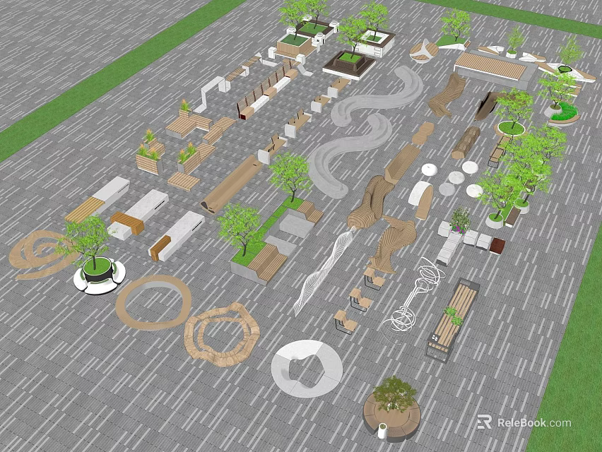 Modern Landscape Seating Design With Various Shapes And Green Plants 3d model