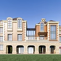 Elegant Detached Villa with Red Brick Stone Exterior Large Windows Balconies Turrets on Green Lawn