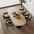 Modern Oval Marble Dining Table With Four Green Chairs And Decorative Items 3d model