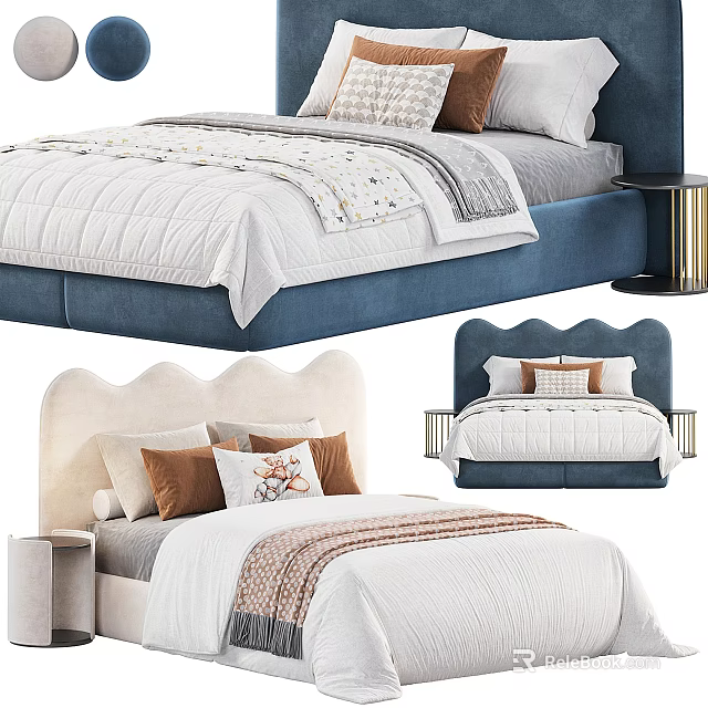 Stylish Double Bed Designs With Upholstered Headboards Quilted Bedspreads And Decorative Pillows 3d model 