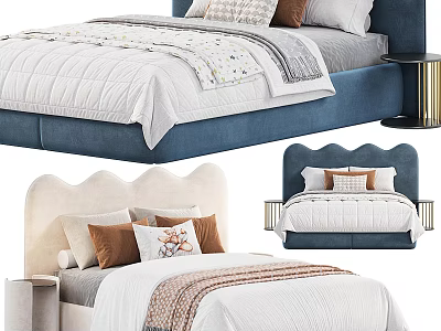 Stylish Double Bed Designs With Upholstered Headboards Quilted Bedspreads And Decorative Pillows 3d model