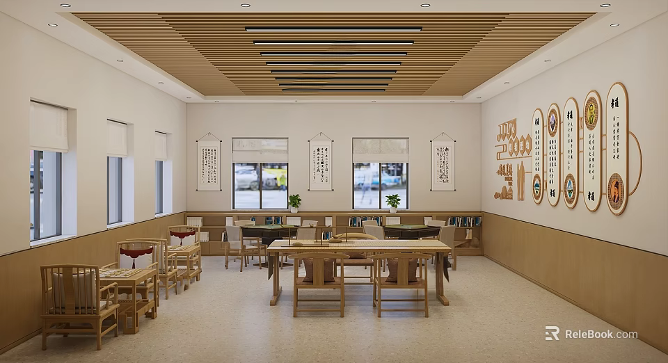 Chinese Style Classroom Interior With Wooden Furniture And Calligraphy Decorations 3d model 