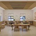 Chinese Style Classroom Interior With Wooden Furniture And Calligraphy Decorations