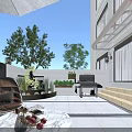 Serene Garden Landscape with Patio Trees Water Fountain Seating Grill Area and Lush Green Plants