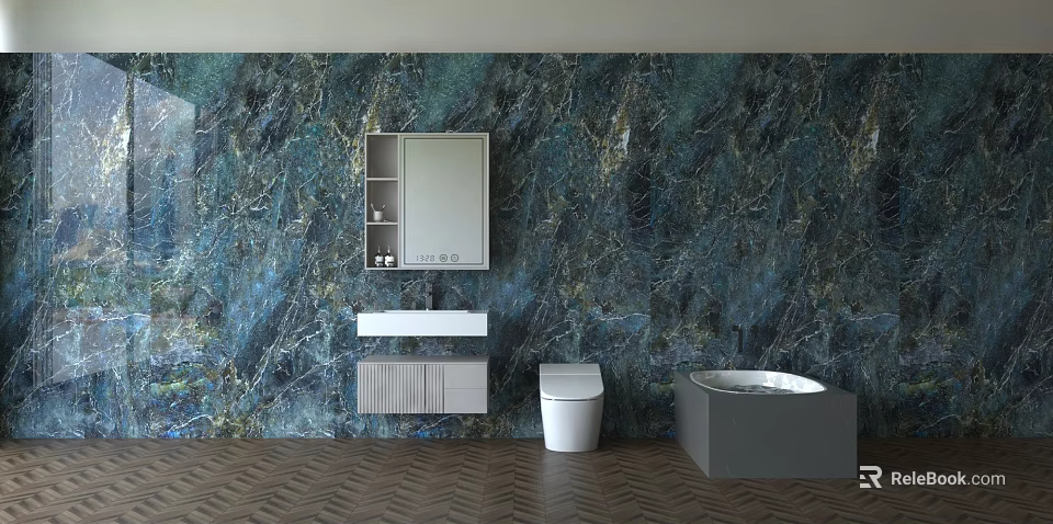 Modern Bathroom Washbasin Design with Marble Wall Mirror Toilet and Bathtub on Wooden Floor 3d model 
